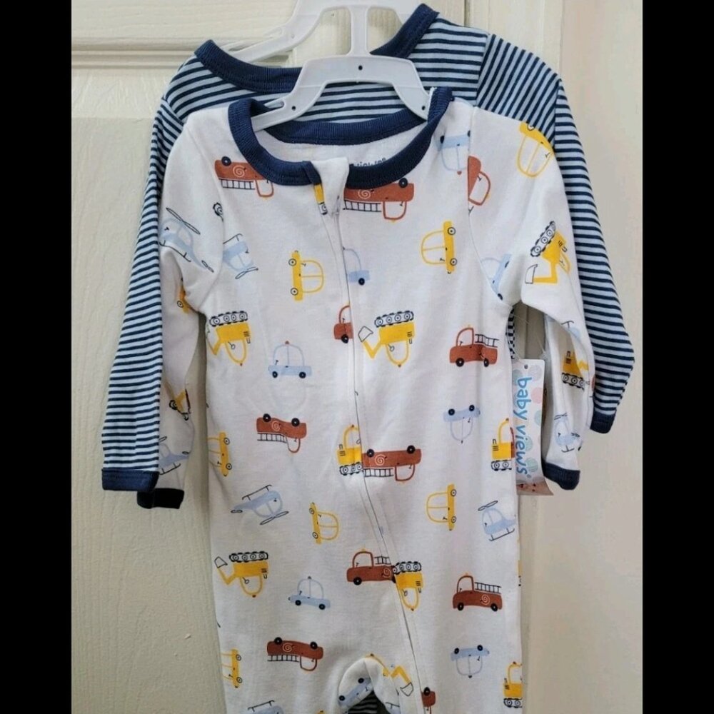 NWT 🚒🚙 Baby Views Infant 2-piece Set Footed Pajamas With Trucks And Stripes